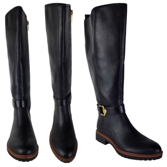 New Tommy Hilfiger frankly wide calf faux leather riding boots black gold wide - Picture 6 of 14